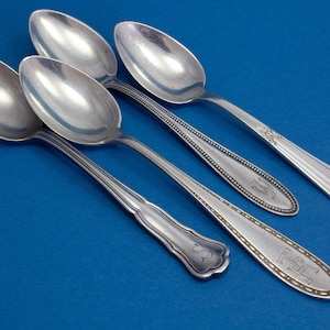4 silver plated mocha spoons with mismatched patterns, shabby chic, engraved
