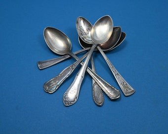 6 antique teaspoons with engravings, silver-plated spoons in Art Nouveau style, mismatched