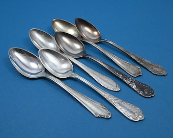 6 antique teaspoons, silver-plated spoons in Art Nouveau style, mismatched