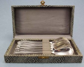6 cuillères à glace en métal argenté dans une belle boîte, Wellner Mozart