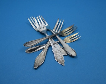 6 silver-plated cake forks, mix and match set, shabby chic