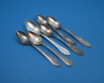 6 antique teaspoons with engravings, silver-plated spoons in Art Nouveau style, mismatched