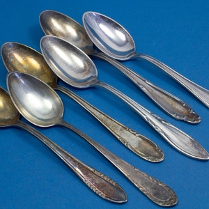 6 silver plated tea spoons with mismatched patterns, shabby chic