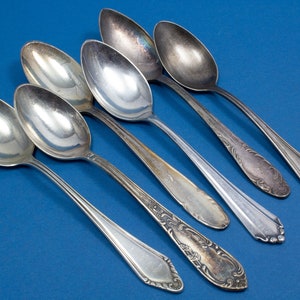 6 silver plated tea spoons with mismatched patterns, shabby chic