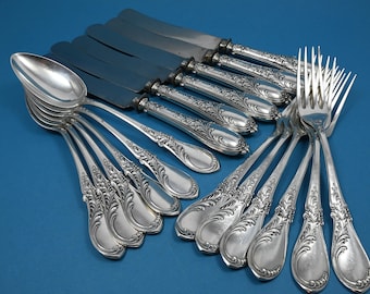 Antikes Tafelbesteck für 6 im Jugendstil von Lutz und Weiss, 800er Silber, Löffel, Gabel, Messer