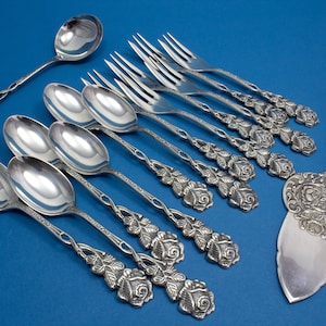 Noble Cake Server Set for 6 with Roses, Cake Forks, Teaspoons, Cream Spoons, Cake Server