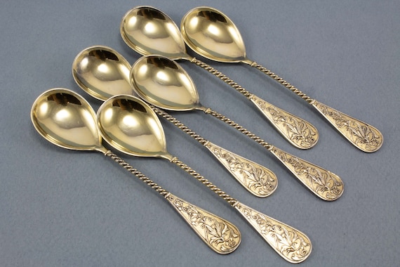 6 Antique Egg Spoons Made of 800 Silver Gold plated Floral Art Nouveau Pattern Around 1900 Silver Cutlery M.J. Ruckert Etsy Sweden