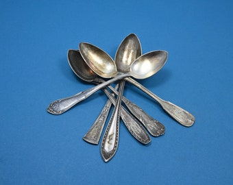 6 antique teaspoons with engravings, silver-plated spoons in Art Nouveau style, mismatched