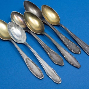 6 silver plated mocha spoons with mismatched patterns, shabby chic