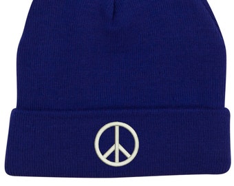 Peace Symbol Roll Up Beanie. A soft, warm and beautifully embroidered hat.