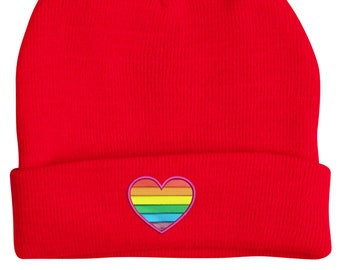 LGBTQ Rainbow Heart Roll Up Beanie. A soft, warm and beautifully embroidered hat.