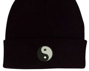 Yin Yang Roll Up Beanie. A soft, warm and beautifully embroidered hat.