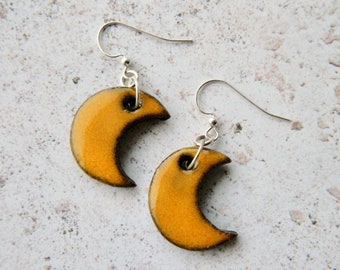 Moon earrings, ceramic earrings, clay earrings, yellow dangle earrings, gift for her, celestial earrings