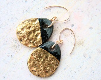 Chain earrings, gold earrings, dangling disc earrings, ceramic earrings, ethical jewellery, gift for her, gold filled earrings,