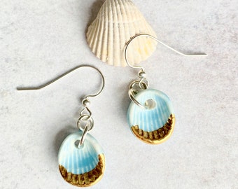 Shell earrings, clam shell, silver porcelain earrings, minimalist jewellery, gift for her, unique  turquoise clay earrings