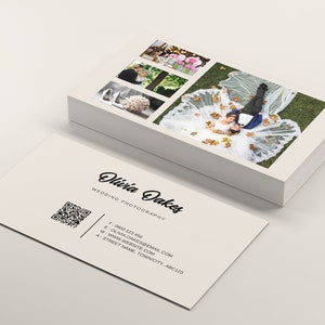 May include: A white business card with black text and a QR code. The text reads "Olivia Dakes Wedding Photography" and includes contact information. The card features a collage of wedding photos.