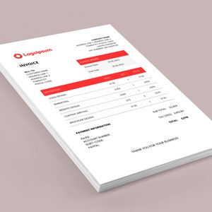 Puede incluir: Una factura blanca con acentos rojos. La factura es para una empresa llamada Logoipsum. La factura incluye una lista de servicios y sus precios, incluyendo diseño de logotipo, marketing, diseño de sitios web, redacción de contenido y diseño de folletos. El importe total adeudado es de 278 £.