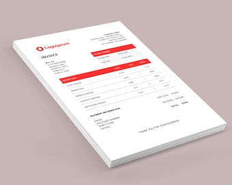 Puede incluir: Una factura blanca con acentos rojos. La factura es para una empresa llamada Logoipsum. La factura incluye una lista de servicios y sus precios, incluyendo diseño de logotipo, marketing, diseño de sitios web, redacción de contenido y diseño de folletos. El importe total adeudado es de 278 £.