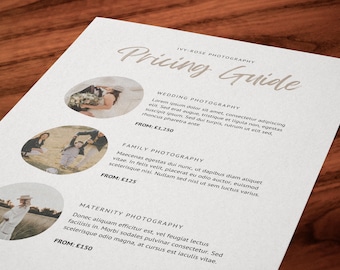 Pode incluir: Um guia de preços para Ivy-Rose Photography, com pacotes de fotografia de casamento, família e maternidade. O guia inclui os preços de partida para cada tipo de fotografia.