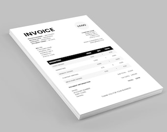 Puede incluir: Factura en blanco y negro con la palabra "INVOICE" en la parte superior. La factura enumera los servicios y los precios para el diseño de logotipos, marketing, diseño de sitios web, redacción de contenido y diseño de folletos. El importe total adeudado es de 278 £.