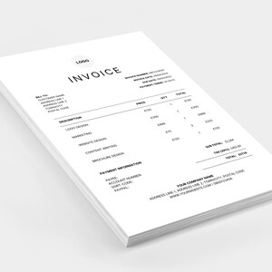 May include: A black and white invoice with the word "INVOICE" in bold at the top. The invoice lists services and prices for logo design, marketing, website design, content writing, and brochure design. The total amount due is £2124.