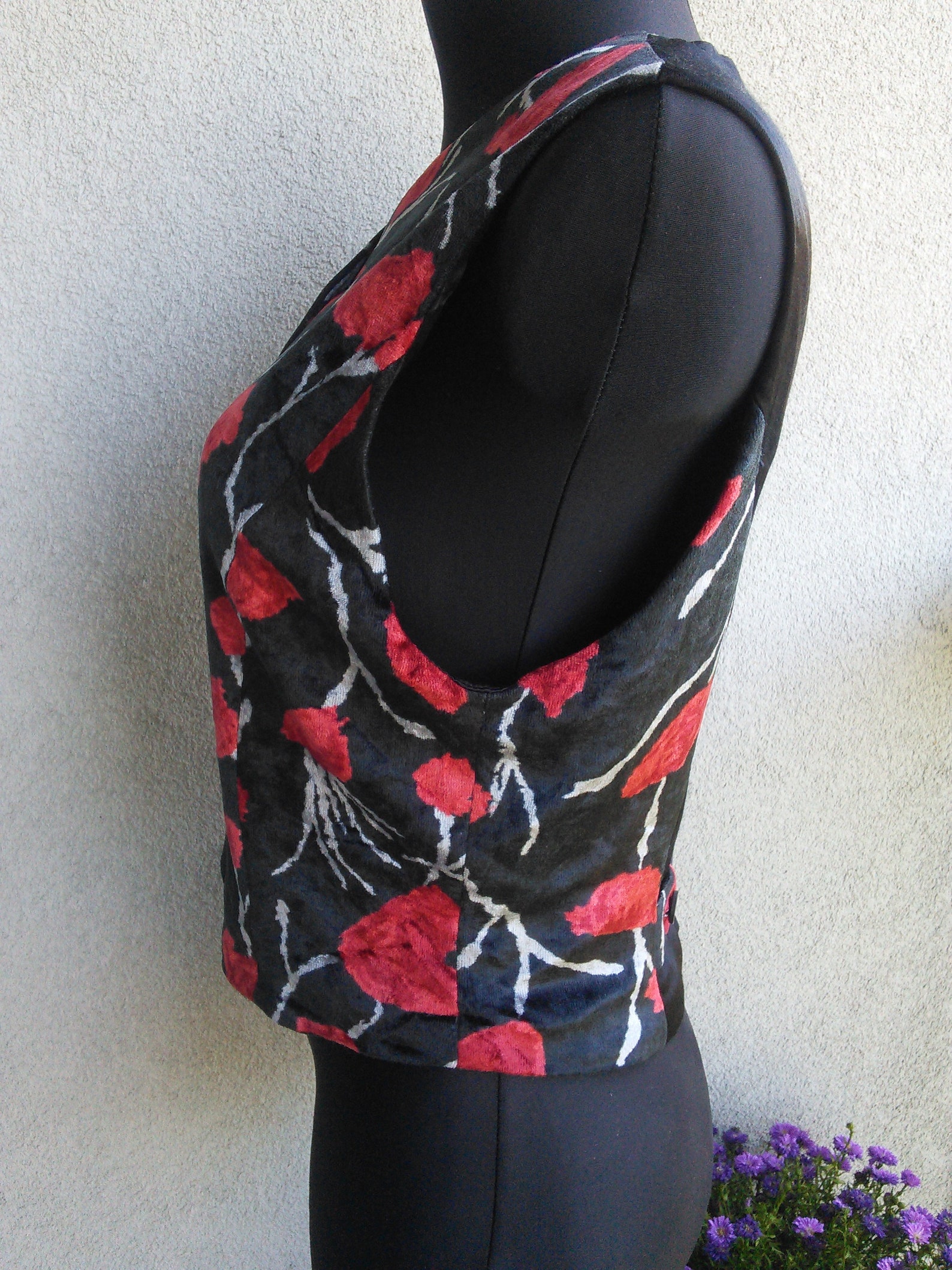 Vintage Black Velvet Women's Vest with Red Flowers Print Etsy
