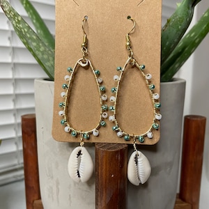 Long tear drop wire wrapped shell dangle earrings