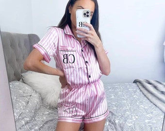 Personalised STRIPED Victoria Secrets Style Satin Shorts Pajama Sets Bridal Birthday Valentines Day Party Sleepover Pjs Gifts Personalised