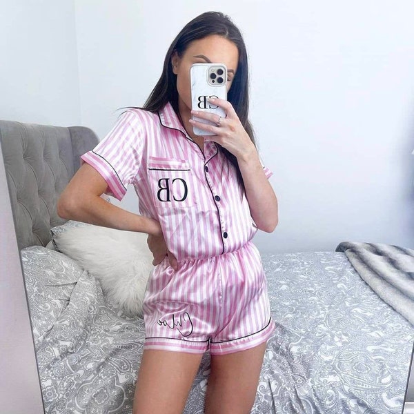 Personalised STRIPED Victoria Secrets Style Satin Shorts Pajama Sets Bridal Birthday Valentines Day Party Sleepover Pjs Gifts Personalised