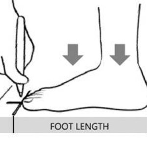 K&ouml;nnte beinhalten: Ein Fu&szlig; wird auf eine ebene Fl&auml;che gelegt, wobei ein Stift die L&auml;nge des Fu&szlig;es markiert. Pfeile zeigen auf die L&auml;nge des Fu&szlig;es. Der Text "FOOT LENGTH" befindet sich unter dem Fu&szlig;.