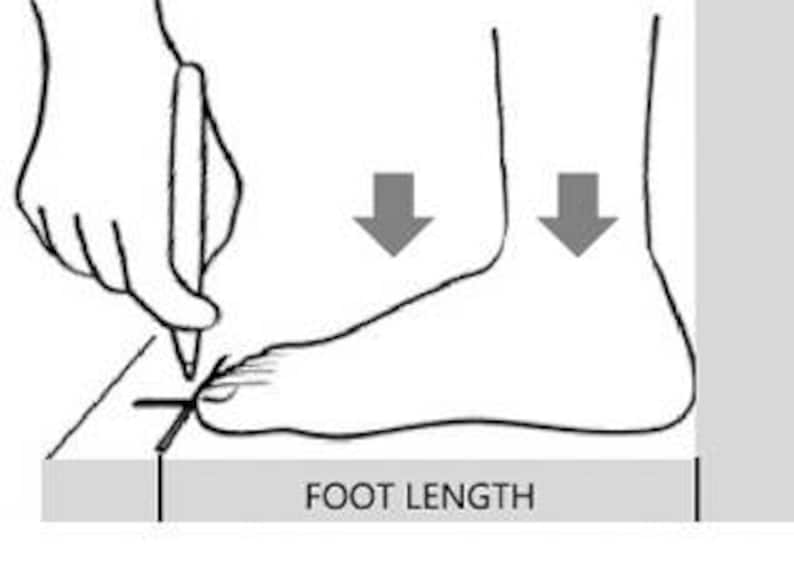 K&ouml;nnte beinhalten: Ein Fu&szlig; wird auf eine ebene Fl&auml;che gelegt, wobei ein Stift die L&auml;nge des Fu&szlig;es markiert. Pfeile zeigen auf die L&auml;nge des Fu&szlig;es. Der Text "FOOT LENGTH" befindet sich unter dem Fu&szlig;.