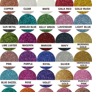 May include: A color chart of glitter, showing 25 different colors. The colors are arranged in a grid of five rows and five columns. Each color has a name written below it.