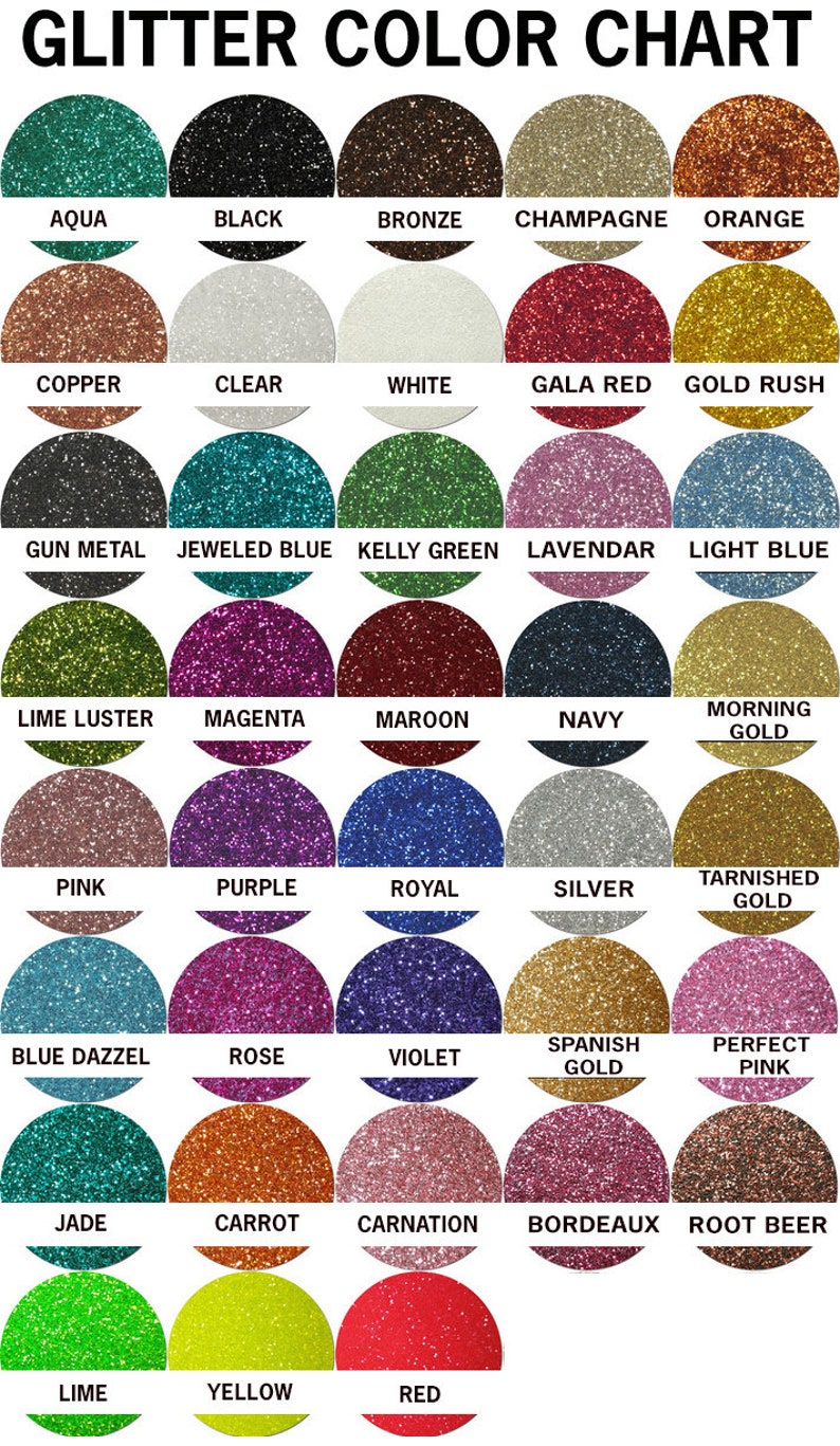 May include: A color chart of glitter, showing 25 different colors. The colors are arranged in a grid of five rows and five columns. Each color has a name written below it.