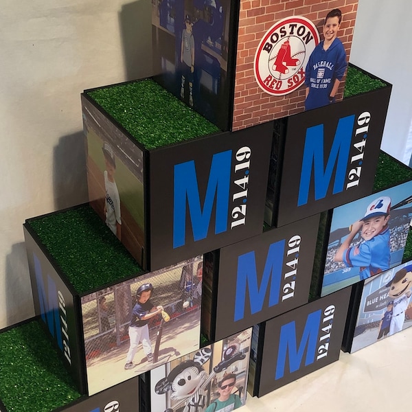 Photo cube centerpiece with Astro Turf Tops