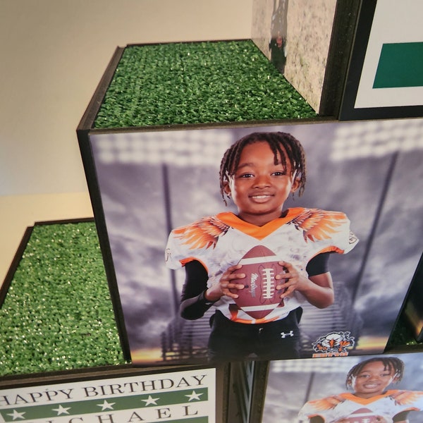 Photo Cube Centerpiece for Birthdays - Sports Themed Photo Cube with Astroturf Top