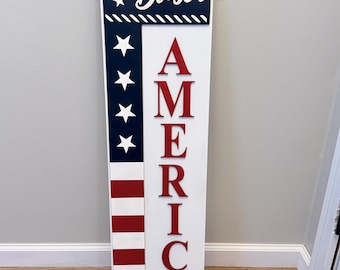Handmade Wood God Bless America Porch Leaner Sign- 3ft Patriotic
