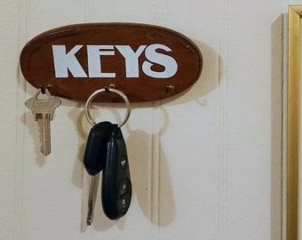 Vintage Wood KEYS Plaque with Hooks