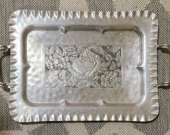 Vintage Embossed Aluminum Serving Tray Decorative Fluted Silver Round Tray Floral Motif Candy Dish Retro Hollywood Regency Catchall Gift Her
