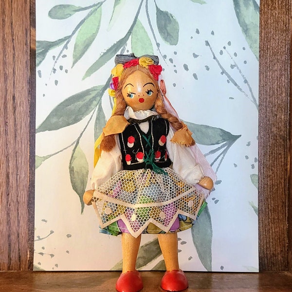 Vintage Wood Gromada Polish Folk Wood Doll / Original Tag