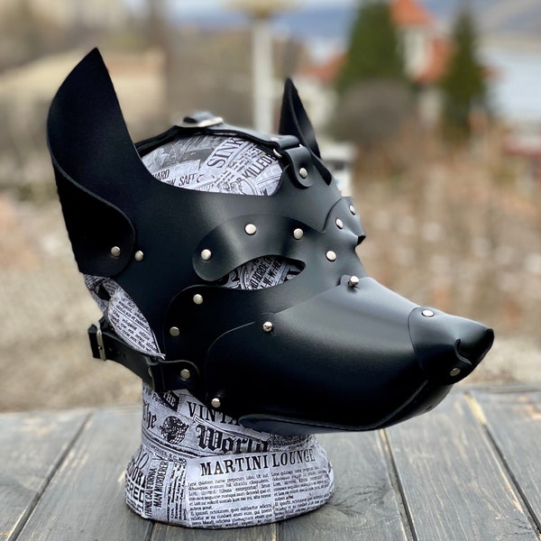Leather dog mask with detachable muzzle. Puppy play mask