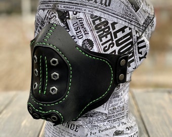 Leather  Mask  in black leather stitched with neon thread