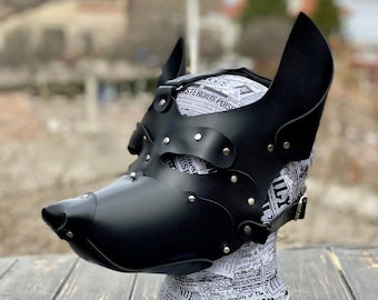 Leather Dog Mask with Removable Muzzle - Puppy Play Mask - Puppy Play Hood - Leather Harness