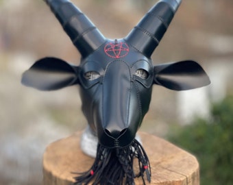 Handmade Baphomet Leather Mask, Gothic Pagan Ritual Goat Headpiece