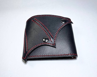 Carved Leather Wallet "Bat" with Engraving, Black Wallet with Bat Wings "Dracula"