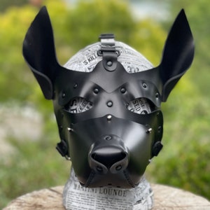 Leather dog mask with removable muzzle, matte black hardware version. Leather play hood for puppies.