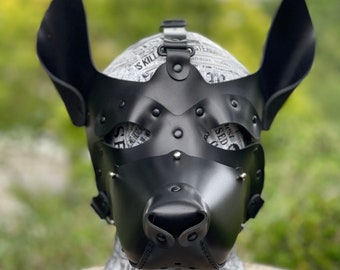 Leather dog mask with detachable muzzle matt black hardware edition. Puppy play leather hood.