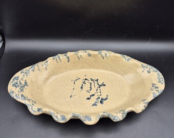 Bybee Tan & Blue Sponge Ruffle Edge Oval Pottery Serving Dish
