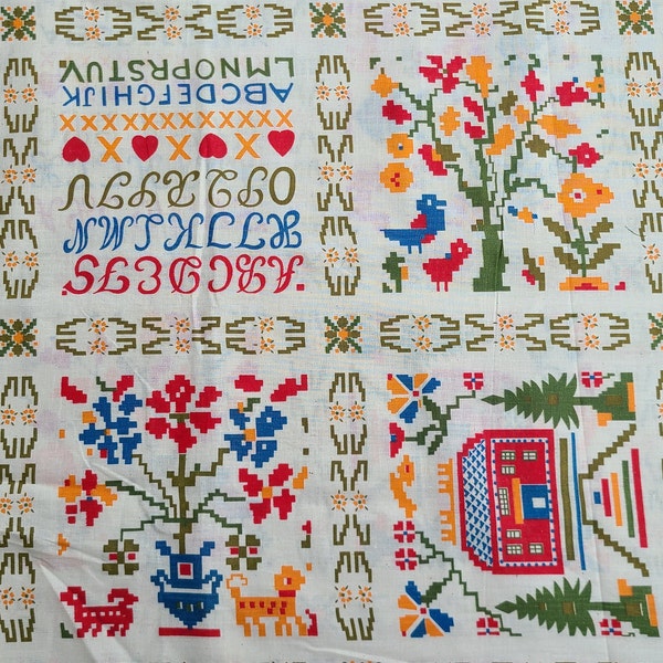 Vintage Folk Art Style Fabric Featuring Houses, Trees, Flowers, Cats and Dogs, Alphabet