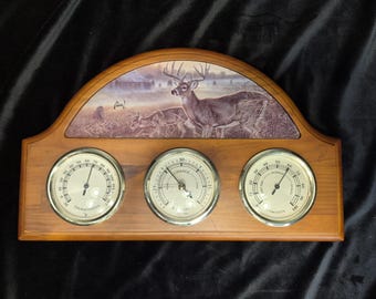 Barometer, Thermometer and Humidity Gauge Mounted in Wood with White Tailed Deer