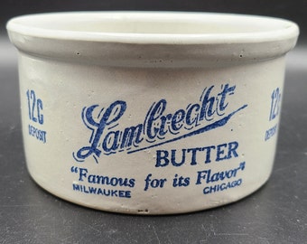 Lambrect Butter Crock Milwaukee Chicago 1.5 lb Blue Logo